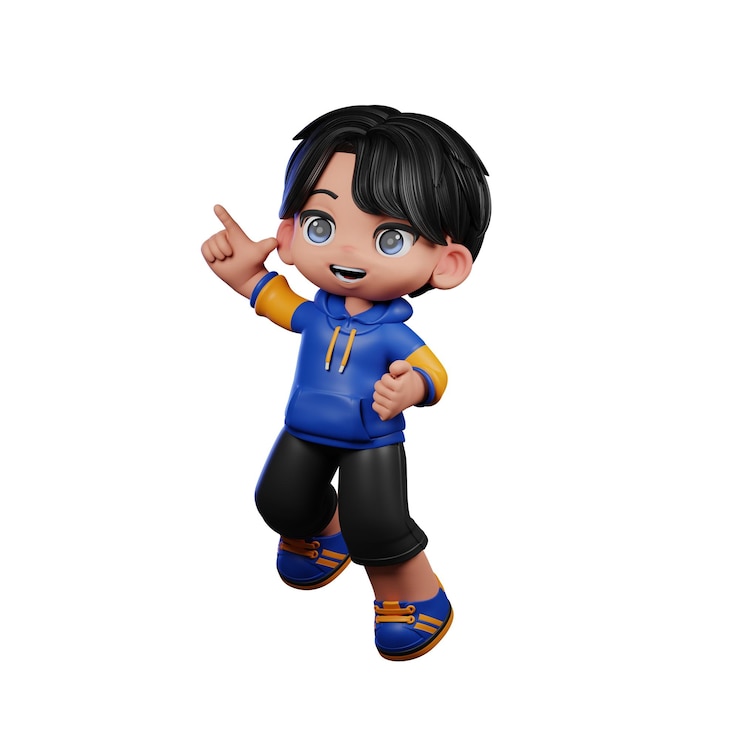 PSD a cartoon boy with a blue jacket and black shorts doing happy jumping pose