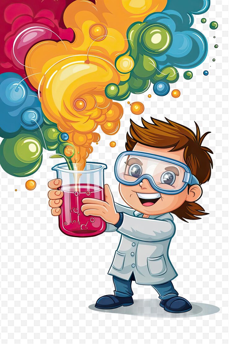 PSD a cartoon boy with glasses holding a glass of liquid with the words test on it