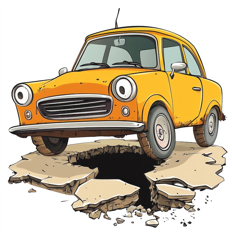 PSD cartoon car stuck in a pothole