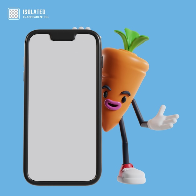 Il personaggio dei cartoni animati della carota appare da dietro un grande telefono