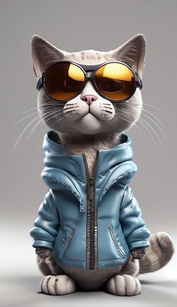 Cartoon Cat in fulllength sunglasses and jacket with hood on Transparent background 3D rendering