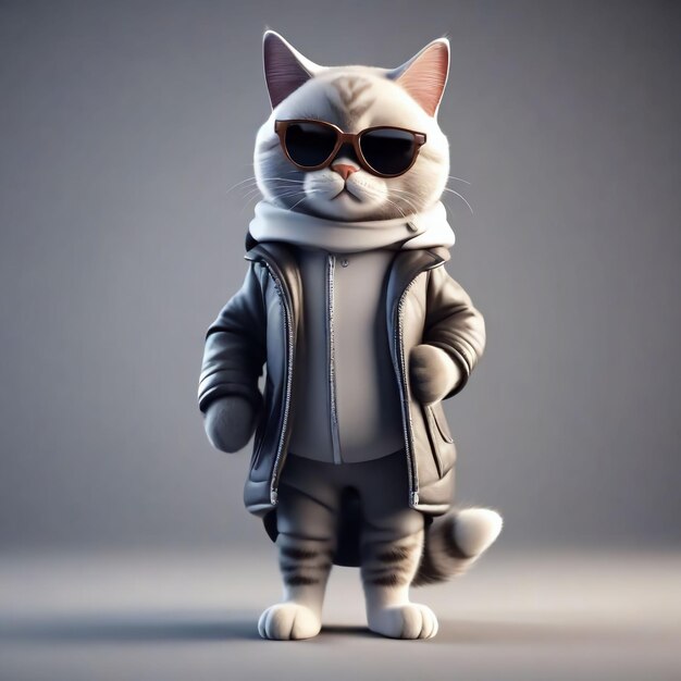Cartoon Cat in fulllength sunglasses and jacket with hood on Transparent background 3D rendering