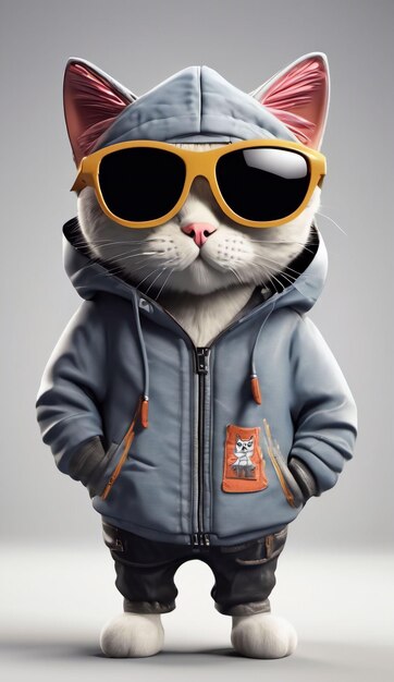 Cartoon cat in fulllength sunglasses and jacket with hood on transparent background 3d rendering