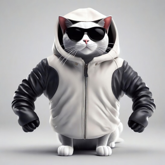 Карикатурная кошка в солнцезащитных очках и куртке с капюшоном на прозрачном фоне 3D-рендеринг