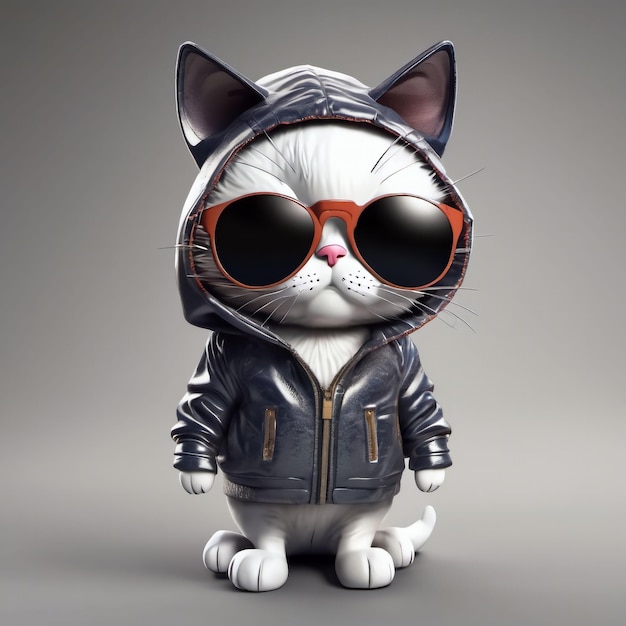 Cartoon Cat in fulllength sunglasses and jacket with hood on Transparent background 3D rendering