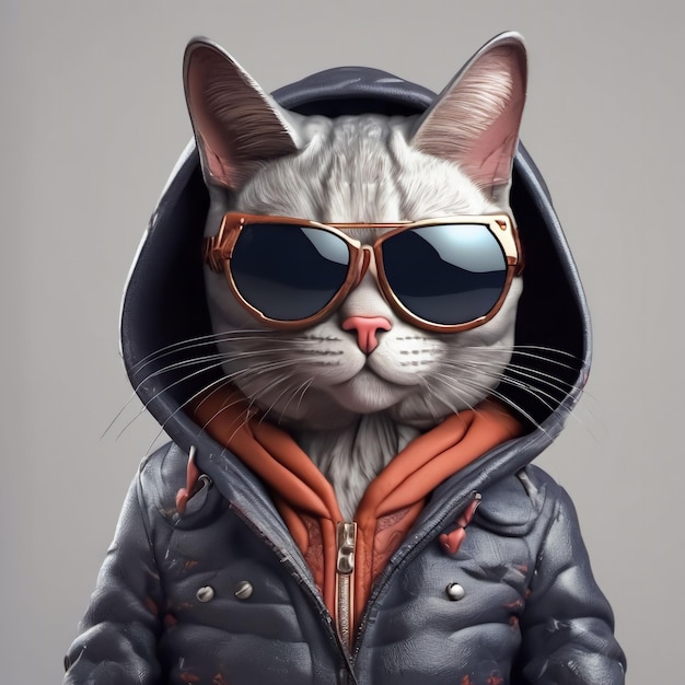 Карикатурная кошка в солнцезащитных очках и куртке с капюшоном на прозрачном фоне 3D-рендеринг