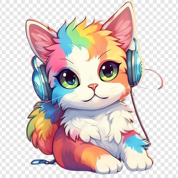 PSD a cartoon cat with a colorful headphones on its ears