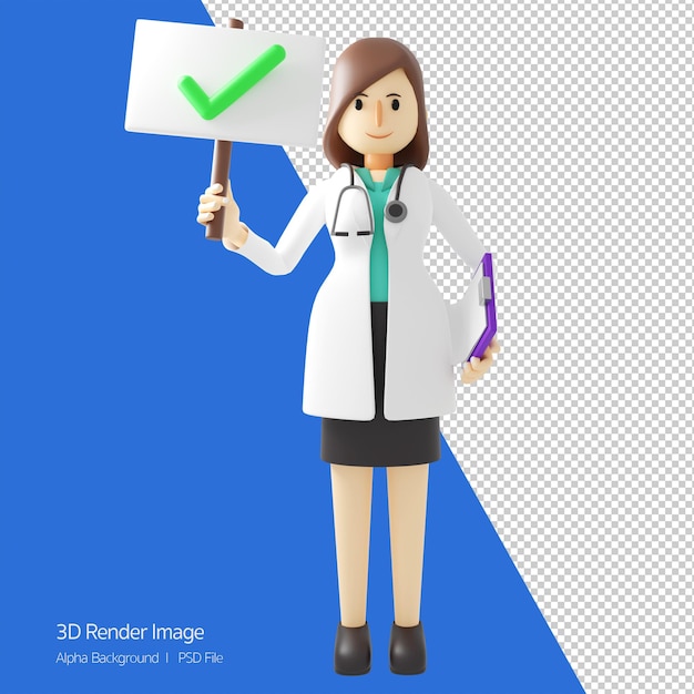 Мультяшный персонаж 3d иллюстрация женщины-врача, держащей правильную отметку на доске, вывеска медицинской больницы, клиника, концепция иллюстрации