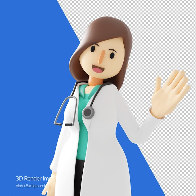 PSD 웃는 행복한 여성 의사가 들고 있는 만화 캐릭터 3d 그림이 추천을 제공하고 있습니다.의료 병원 클리닉 일러스트레이션 개념
