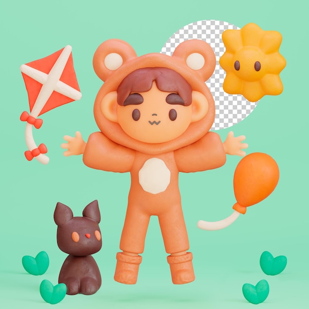 A cartoon character in a bear costume and a kite