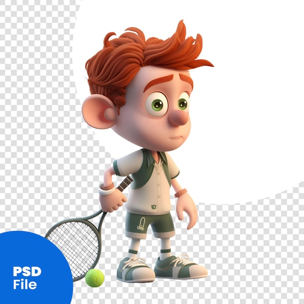 Cartoon character of a boy playing tennis with a racket and ball psd template