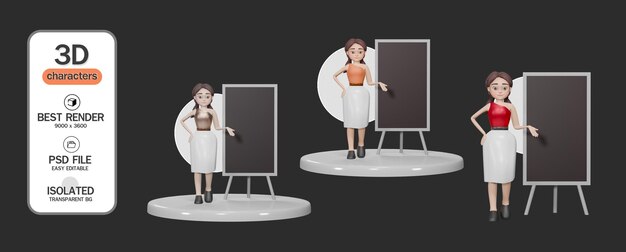 PSD バックボード3dレンダリングと漫画のキャラクターのビジネス女性