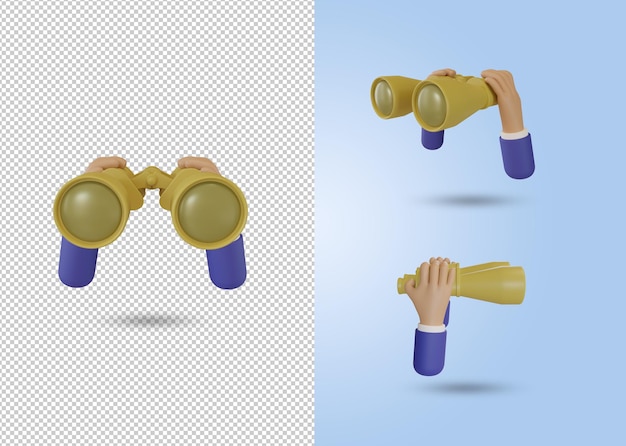 Cartoon character businessman hand holds binocular. 3d illustration or 3d render