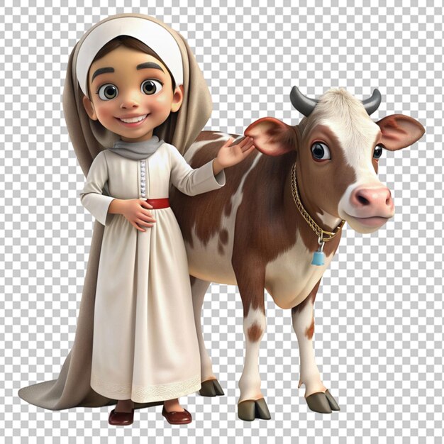 PSD un personaggio di cartone animato di un bambino che indossa un vestito bianco con una mucca in occasione dell'eid