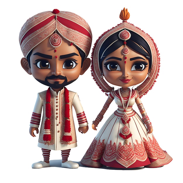 A cartoon character of a couple with a man and a woman wearing a red and white dressindian couple