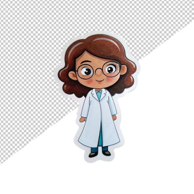 PSD cartoon character girl in science stiker on transparent background