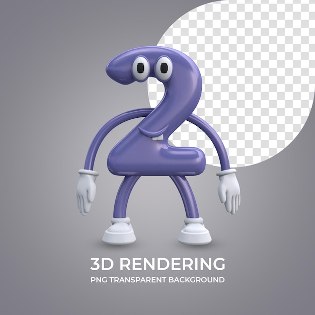 PSD cartoon character number 2 3d rendering isolated transparent background