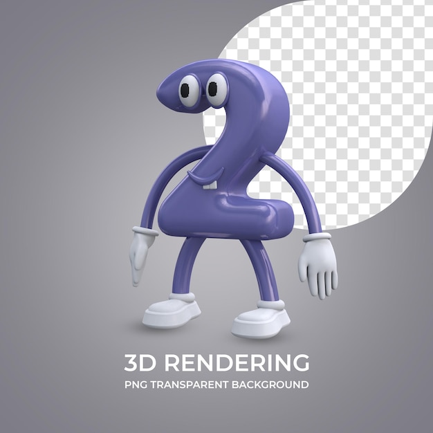 PSD cartoon character number 2 3d rendering isolated transparent background