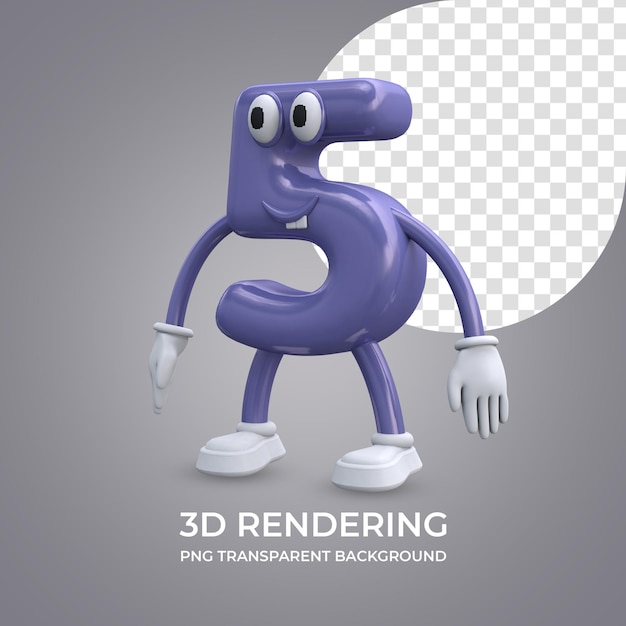 Cartoon character number 5 3d rendering isolated transparent background