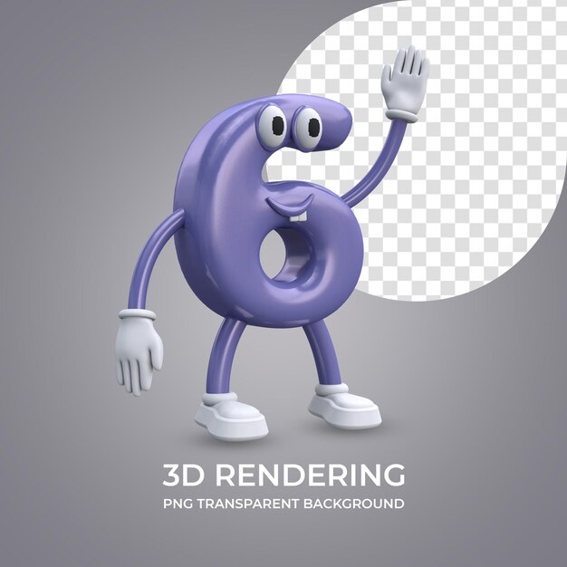 PSD cartoon character number 6 3d rendering isolated transparent background