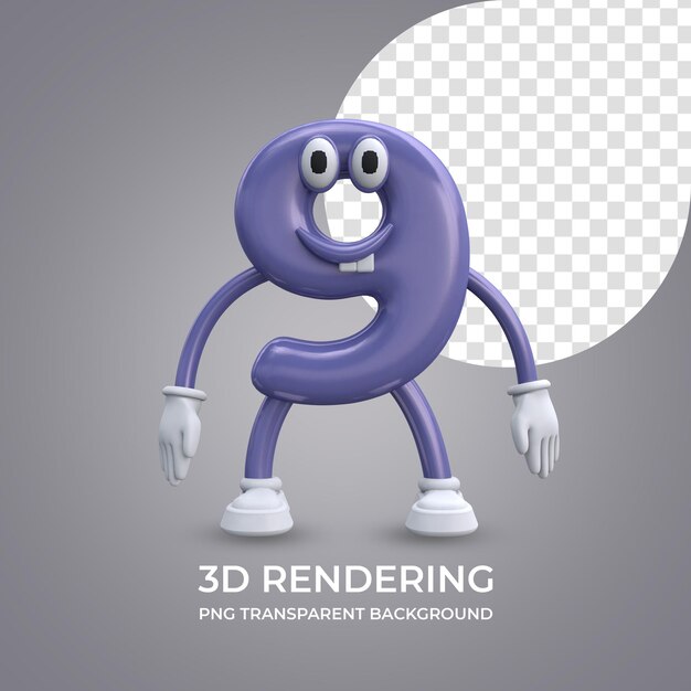 PSD 만화 캐릭터 번호 9 3d 렌더링 절연 투명 배경