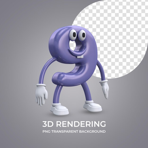 Cartoon character Number 9 3d rendering isolated transparent background
