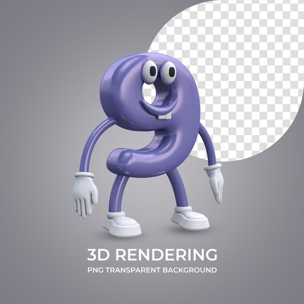 PSD cartoon character number 9 3d rendering isolated transparent background