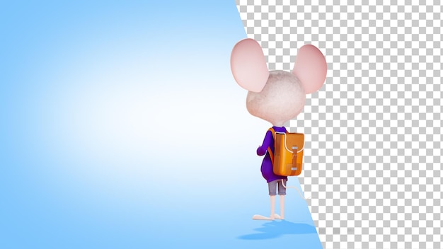 Rendering 3d di vista posteriore dello scolaro del personaggio dei cartoni animati mouse cartone animato con uno zaino da scuola ritorno a scuola