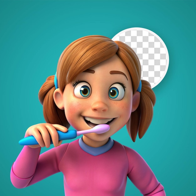 PSD cartoon character sticker with a girl brushing teeth
