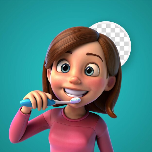 PSD cartoon character sticker with a girl brushing teeth