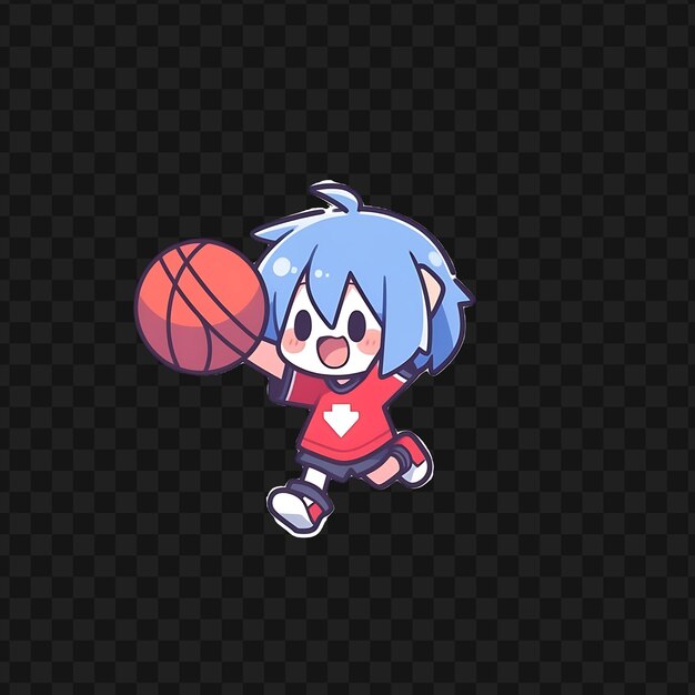 A cartoon character with a ball and a stick of a girl playing basketball