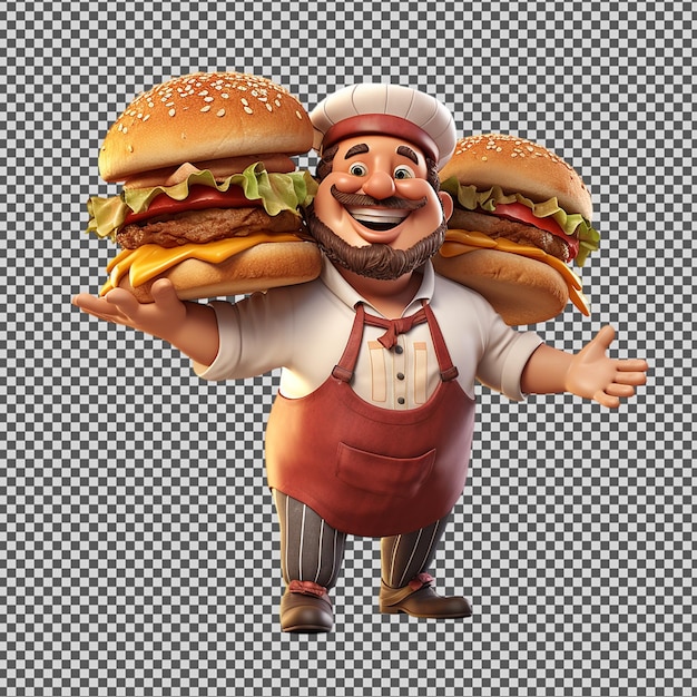 A cartoon character with a chef hat holding two large hamburgers