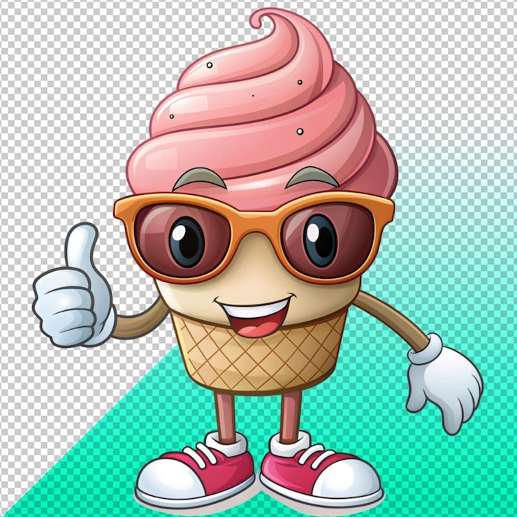 PSD cartoon character with ice cream cone and sunglass on transperent background