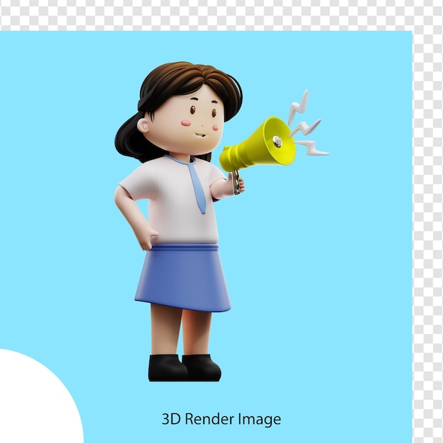 A cartoon character with a megaphone and a blue skirt