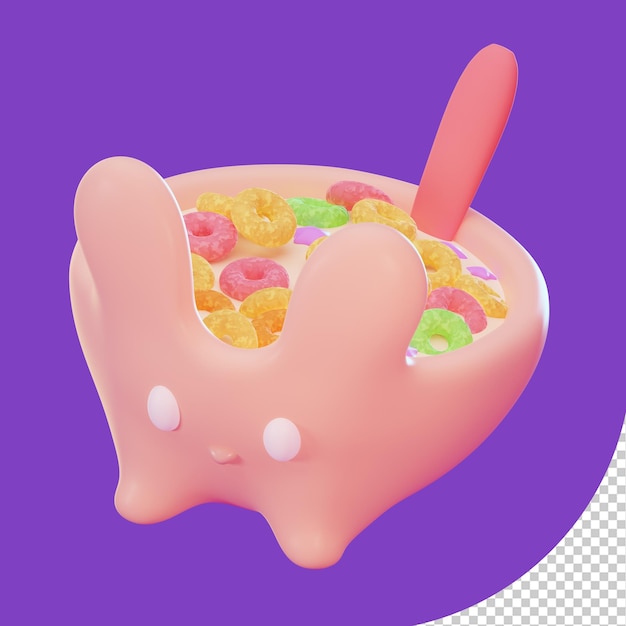 A cartoon character with a pink bunny shaped bowl with cereals in it