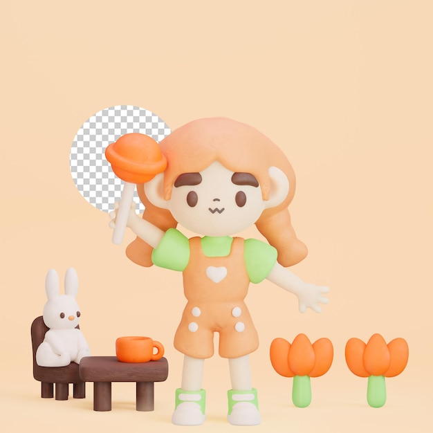 Un personaggio dei cartoni animati con un coniglio in testa è in piedi davanti a un tavolo con un piatto di fiori.