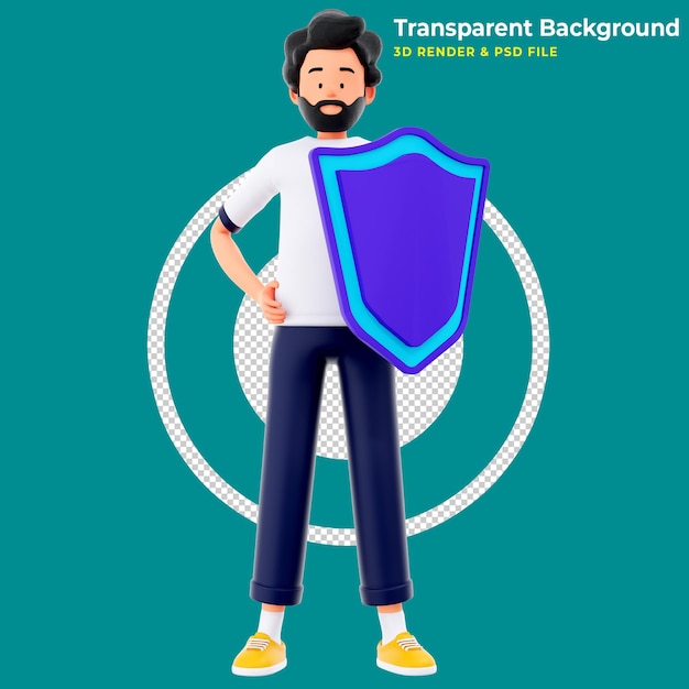 Cartoon character with shield 3d illustration Safety and protection in business