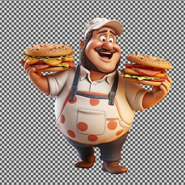 A cartoon character with two large hamburgers on his hands