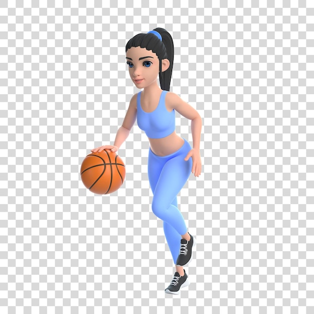 PSD Мультяшный персонаж женщина в спортивной одежде играет в баскетбол на белом фоне 3d рендеринг