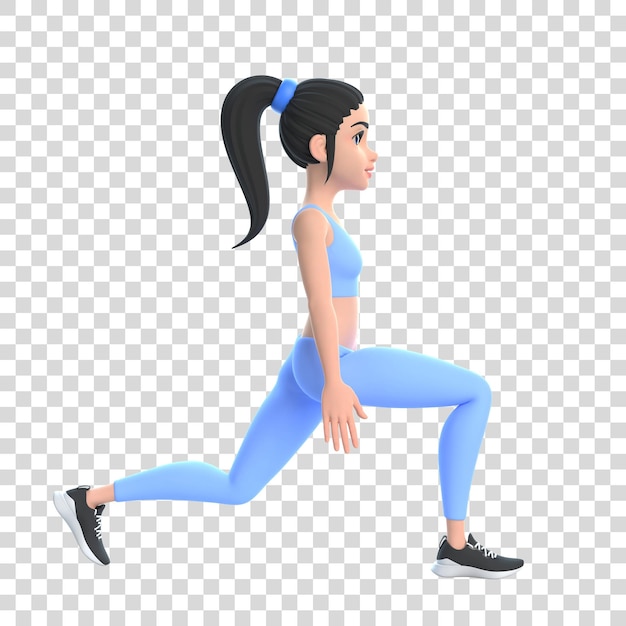 Cartoon character woman in sportswear doing squats isolated on white background 3D render