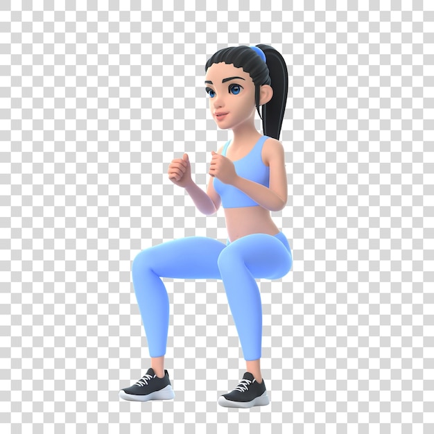Cartoon character woman in sportswear doing squats isolated on white background 3D render