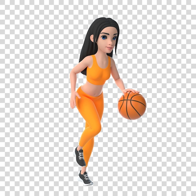 PSD cartoon character woman in sportswear playing basketball isolated on white background 3d render