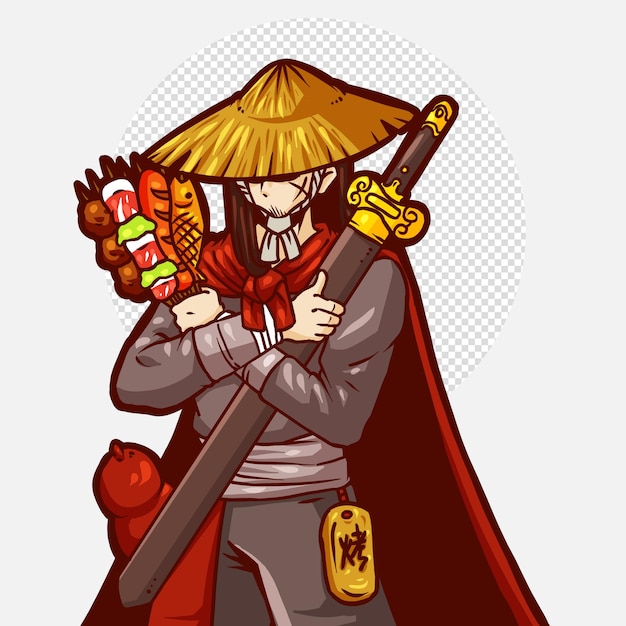 PSD cartoon character of young asian man warrior with sword