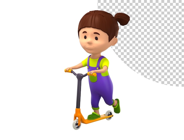 PSD a cartoon child riding a scooter with a blue shirt and purple pants 3d render illustration