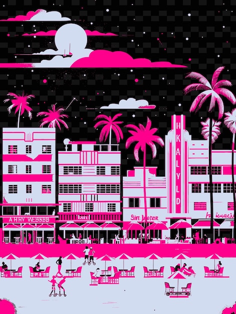 PSD a cartoon of a city with palm trees and a pink and black background