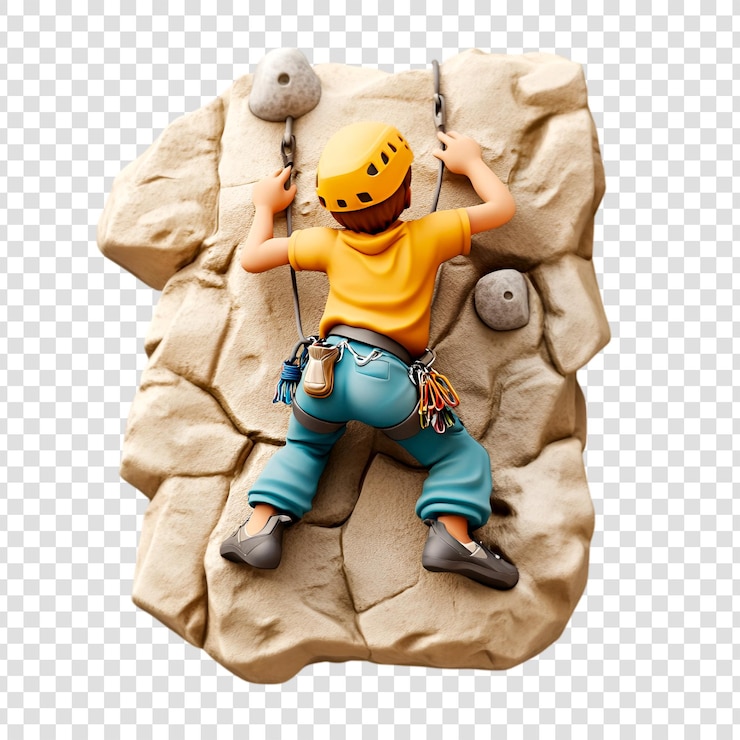 PSD cartoon climber ascending a rock climbing wall on a transparent background