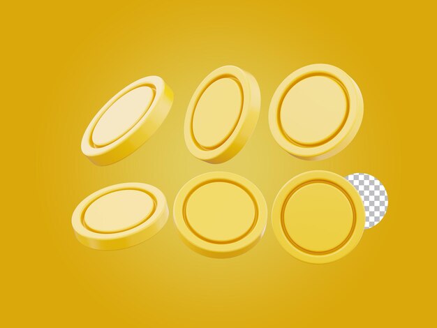 PSD cartoon coin icons set coins in different views 3d render illustration on transparent background