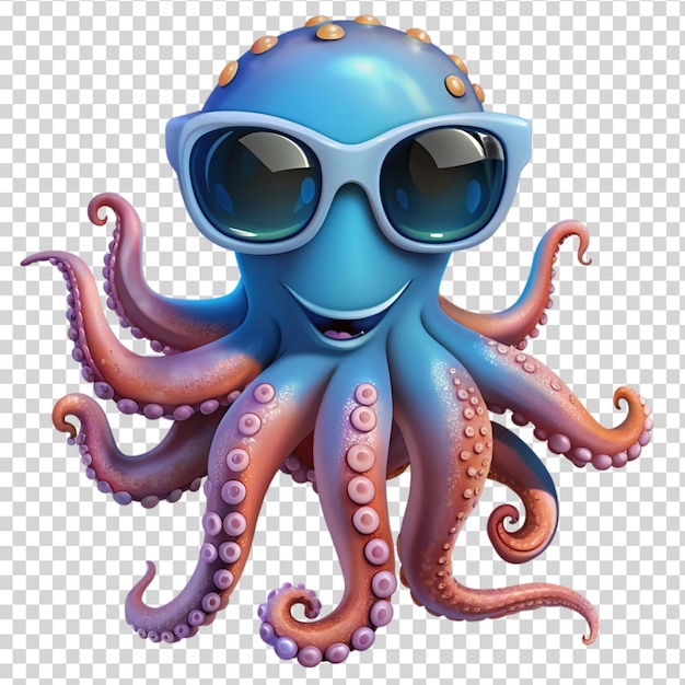 PSD cartoon colorful octopus with sunglasses isolated on transparent background