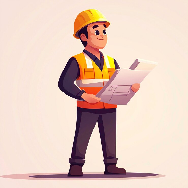 PSD a cartoon of a construction worker holding a clipboard