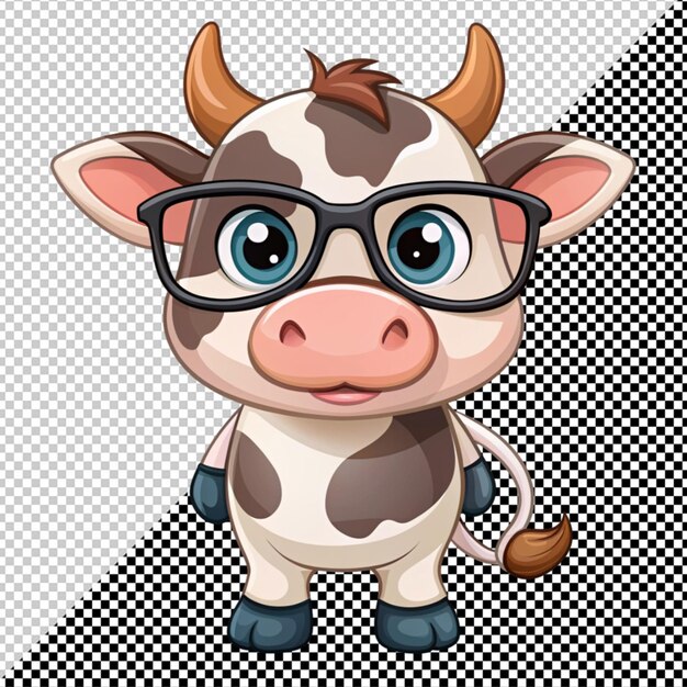 PSD cartoon cow in eyeglasses on transparent background